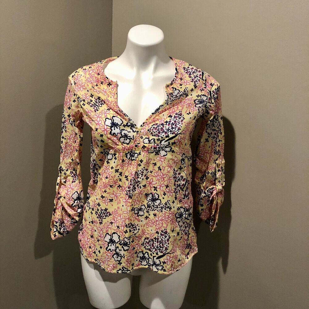 Lilly Pulitzer Blouse Tunic XS Multicolor Floral V Neck Empire Waist Roll Tab - Picture 10 of 10